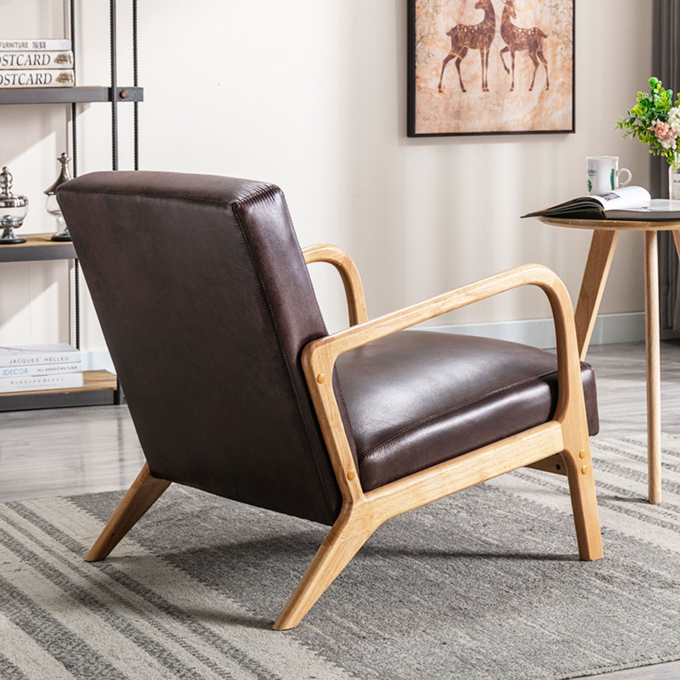 GDF Studio 32.7" Mid-Century Modern Accent Chair with Open Wood Frame, Microfiber Upholstery, Dark Brown