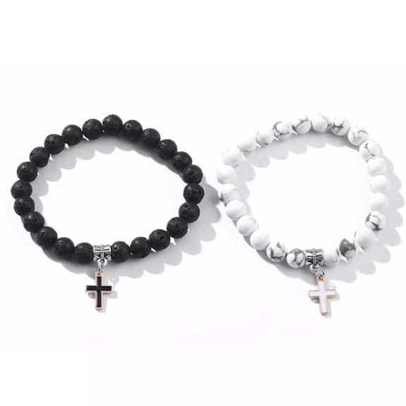 Couple Charm Natural Stone Bracelet Cross Black Lava Matte Beaded Bracelets Handmade Men Women Prayer Fitness Chain Jewelry Gift