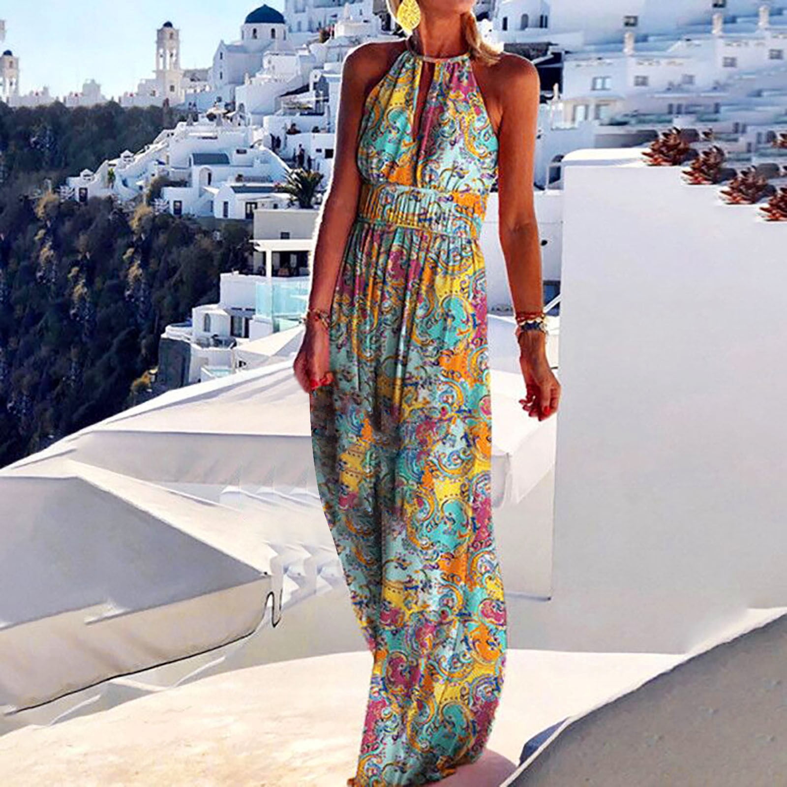 VOSS Women's Elegant Long Dress Round Neck Halter Neck Backless Sexy Print Dress VOSS Women's Elegant Long Dress Round Neck Halter Neck Backless Sexy Print Dress