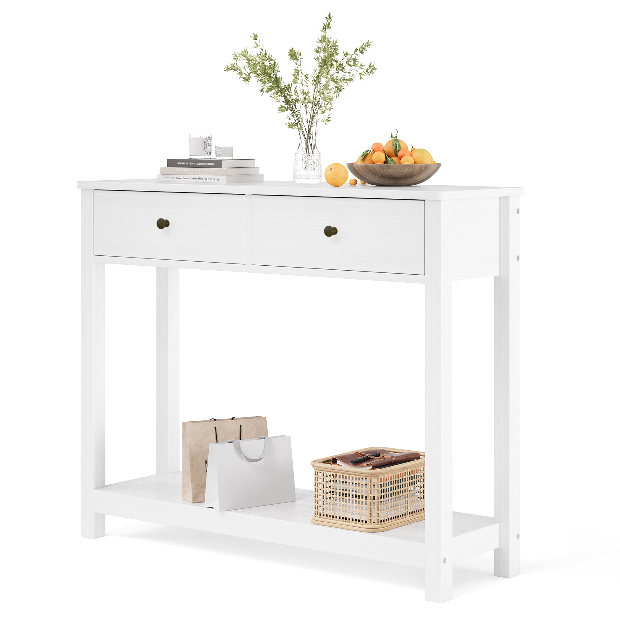 Asofer 39" Console Table with Open Storage, Long Sofa Table with 2 Drawers for Entryway, Hallway, Corridor, Front Hall, White
