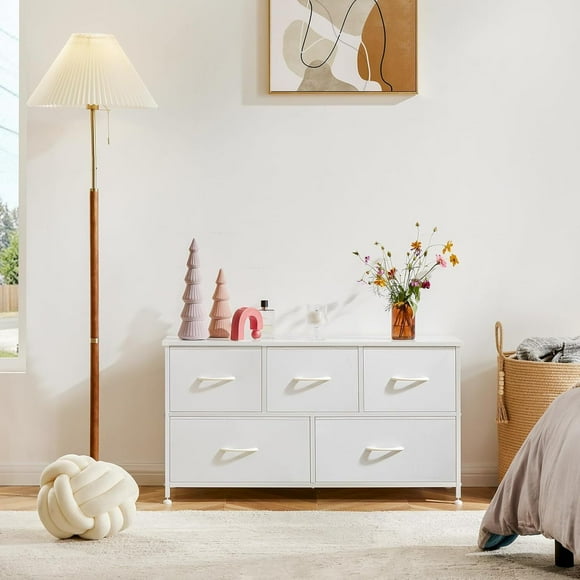 LIUYUDIY Dresser for Bedroom, 5 Storage Drawers, Wide Fabric Closet Chests Organizer Tower Furniture, TV Stand with Wooden Top Metal Frame for Clothes, Living Room, Hallway, Entryway, Classic White