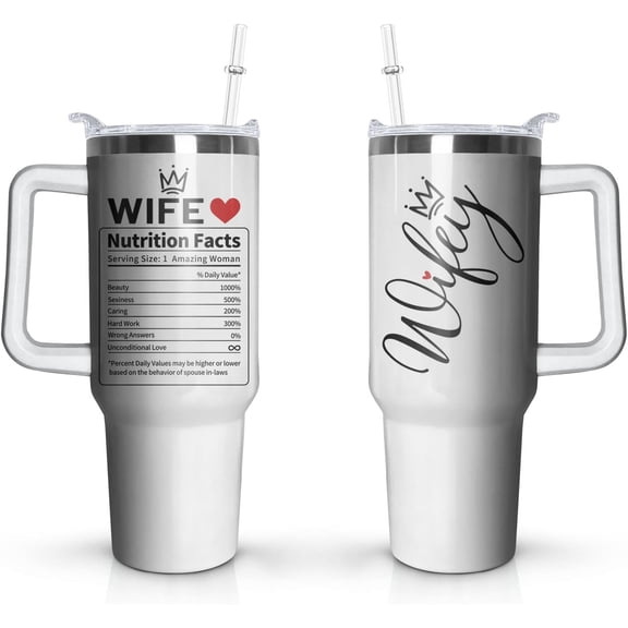Wife Gifts 40oz Tumbler with Handle and Lid Straw, Wedding Gift for Wife from Husband, Great Wifey Cup Water Bottle Birthday Present, Romantic I Love You Valentines Gifts for Her