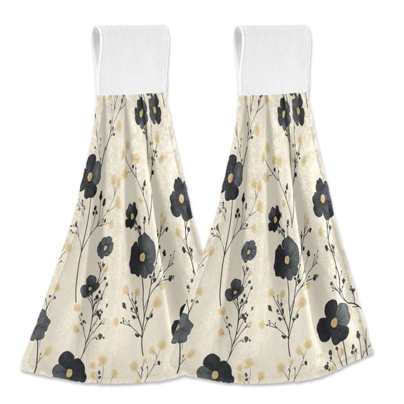 Yayeee Kitchen Hanging Hand Towels Set of 2 with Loop Bathroom Absorbent Tie Towel, Small Black Flowers