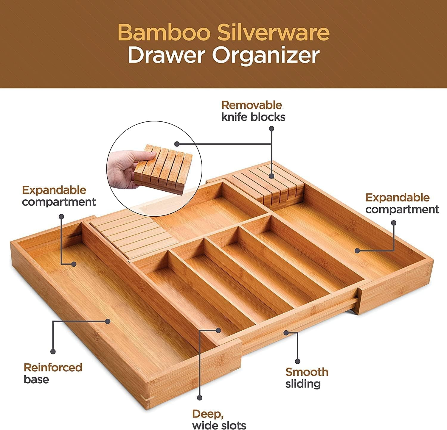 Expandable Silverware Organizer - Bamboo Kitchen Drawer Organizer, Utensil Holder - Drawer Organization and Storage in Kitchen, Bathroom or Bedroom
