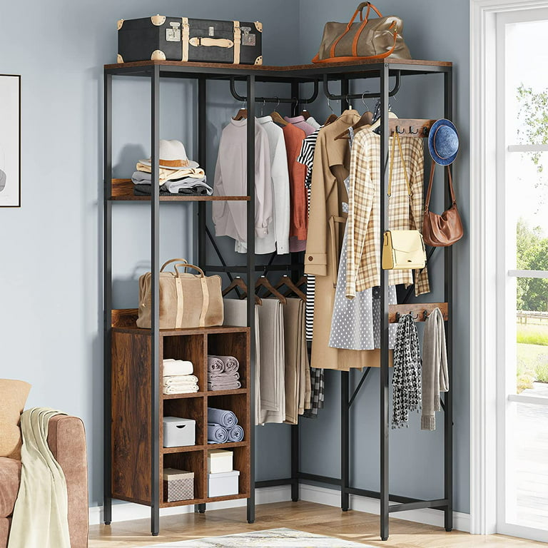 Tribesigns L Shape Clothes Rack, Corner Garment Rack with Storage Shelves  and Hanging Rods, Space-Saving Large Open Wardrobe Closet for Bedroom
