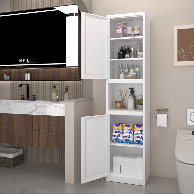 67" Tall Storage Cabinet, Bathroom Linen Tower with Reversible Doors, Freestanding Steel File Cabinet with Adjustable Shelves