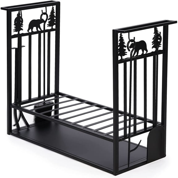 Firewood Rack with 4 Fireplace Tools,Outdoor Heavy-Duty Log Wood Storage Accessory for Indoor Fire Pit Wood Holders with Shovel, Poker, Tongs, Broom