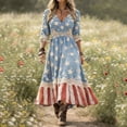 thumbnail image 2 of Fewfanhot Women's 4th of July 250th Anniversary American Flag Lace Midi Dress, V-Neck 3/4 Sleeve Boho Patriotic Dress, Casual Summer Vintage Western Style Sundress, 2 of 5
