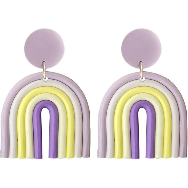 Preciosos aretes colgantes de arco iris de arcilla, aretes de aro redondos con forma de abanico en U de resina rosa colorida para mujeres y niñas, estilo Vsco Y2k, dulce y lindo regalo de joyería