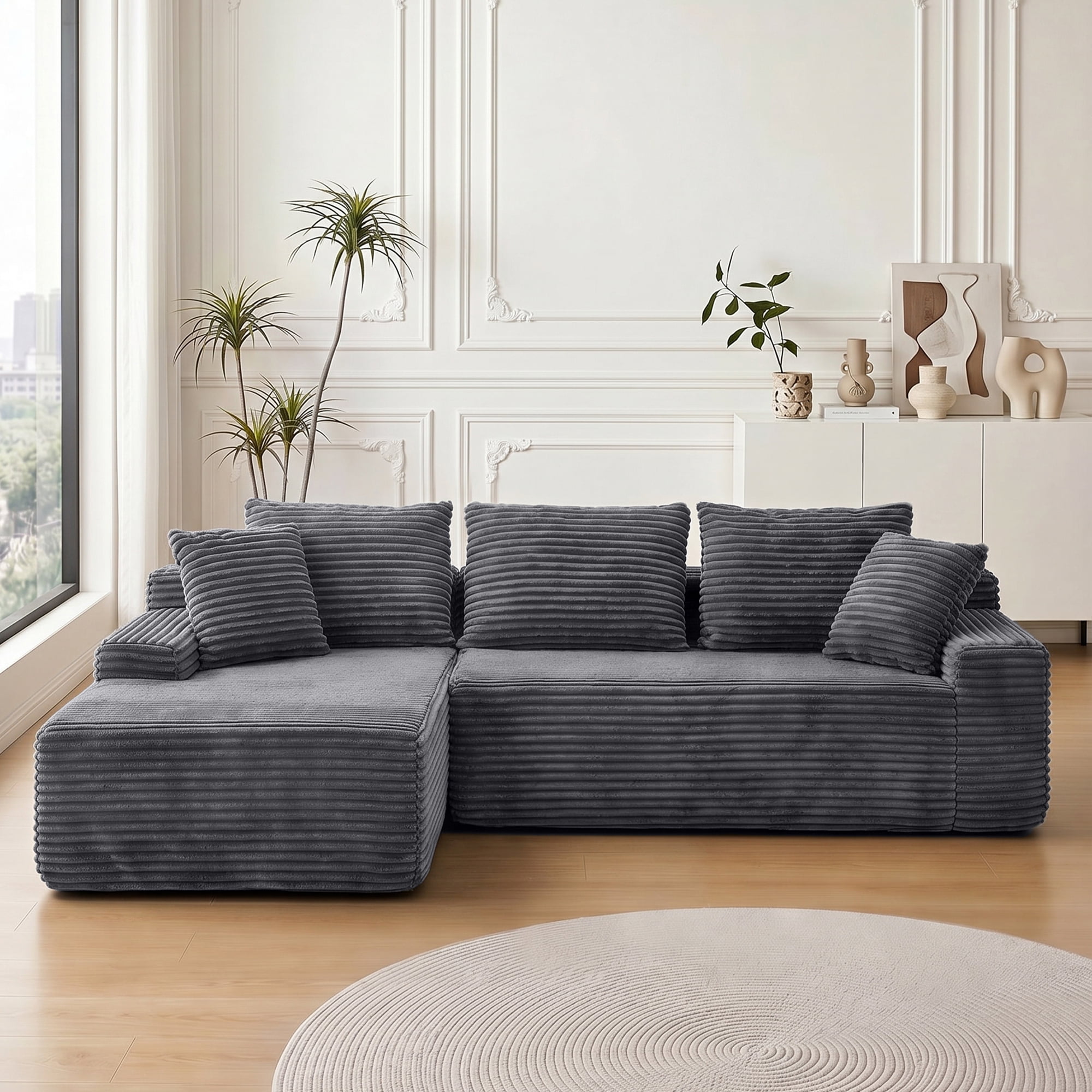 Leumius 95" Boneless Modular Sectional Sofa with Chaise,L-Shaped Comfy Corduroy Couch with Deep Seat,Upholstered Sectional Couch for Living Room, No Assembly,Gray