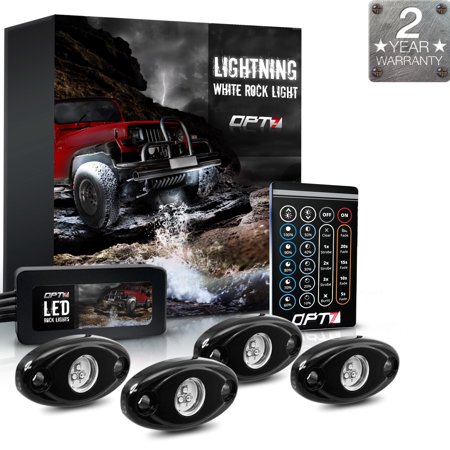 OPT7 Lightning White Rock Lights 4pc LED Pods for Trucks, Jeeps, SUV, ATV, Dirt Bike, Offroad, Crawling Climbing - Bright Underglow Lighting - Remote, Brightness Color Controls IP67 2 Year