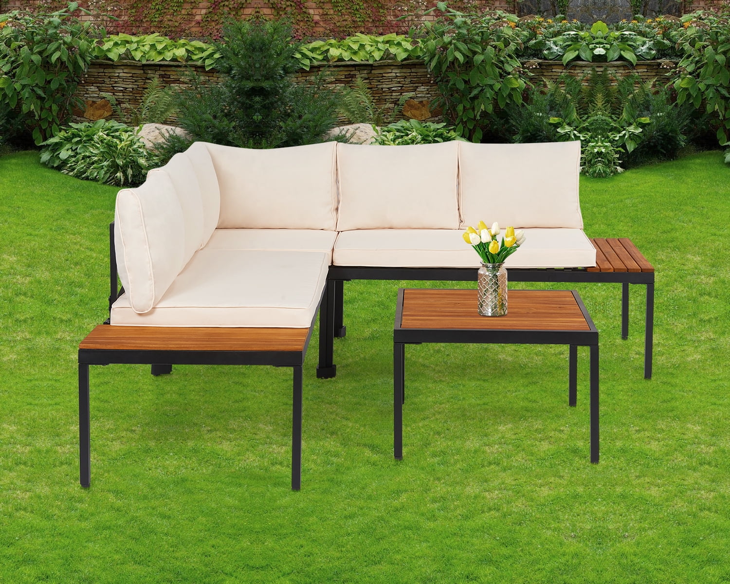 FDW Patio Furniture 4Piece Acacia Wood Patio Sofa Set Outdoor Table