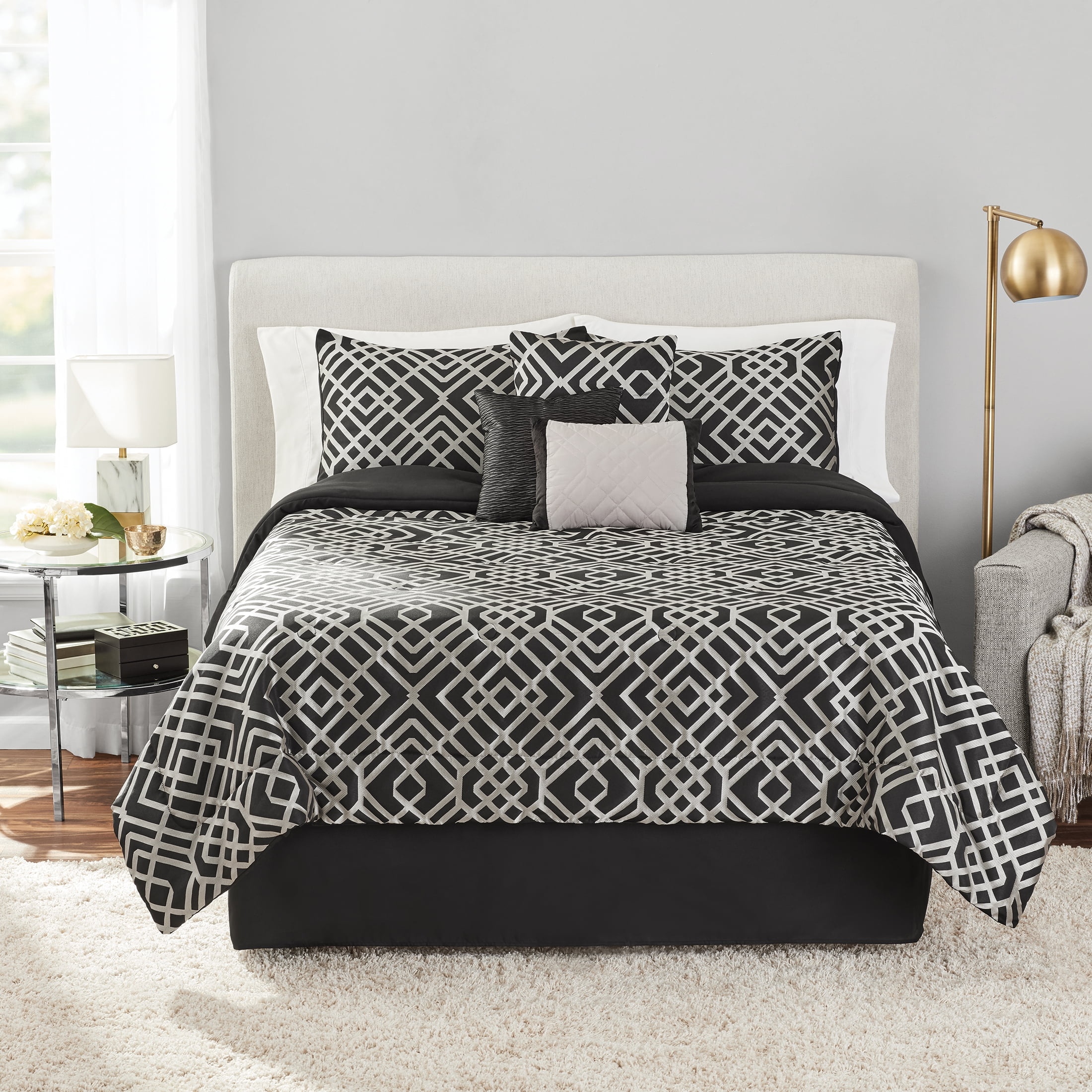 Cuddl Duds Gray  Plaid Flannel 4-Pc Full/Queen Comforter Set w/Faux Fur Pillow 