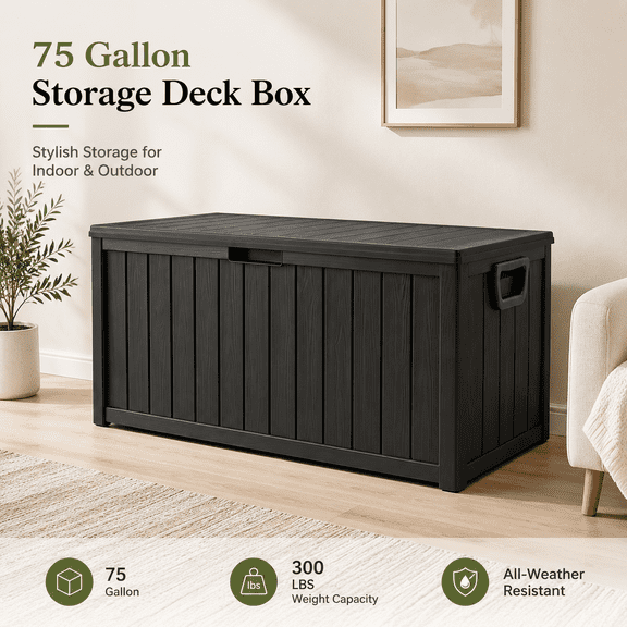 75 Gallon black Outdoor Waterproof Storage Box with Flip-Top Lid, Heavy-Duty Deck Box Suitable for /Outdoor Use - Plastic