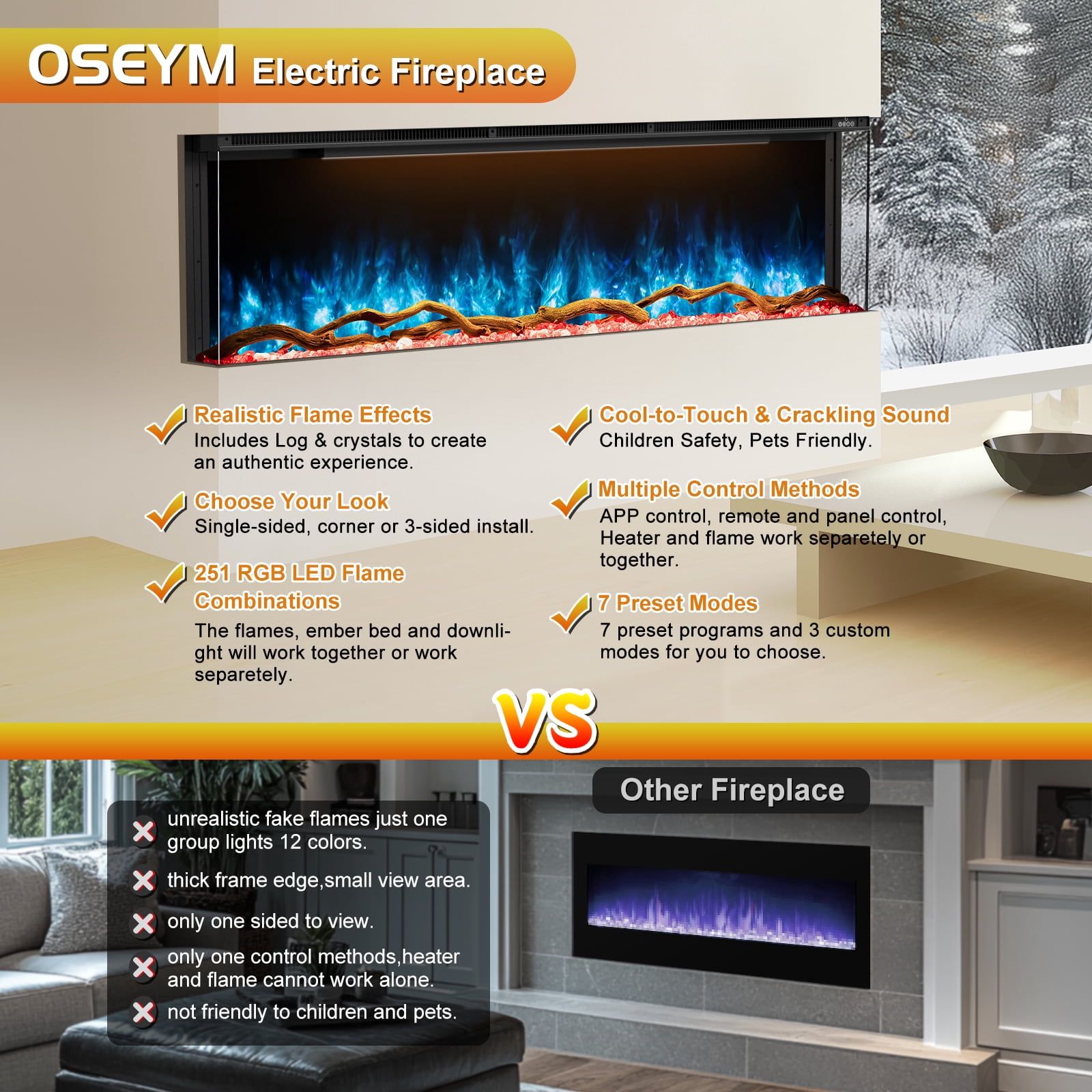OSEYM 3 Sided Electric Fireplace 80 inch, Smart Built-in Linear Fire Places Heater 1500/750W with 251RGB LED Flames, APP & Remote Control, Cracking Sound, Timer, Log & Crystal