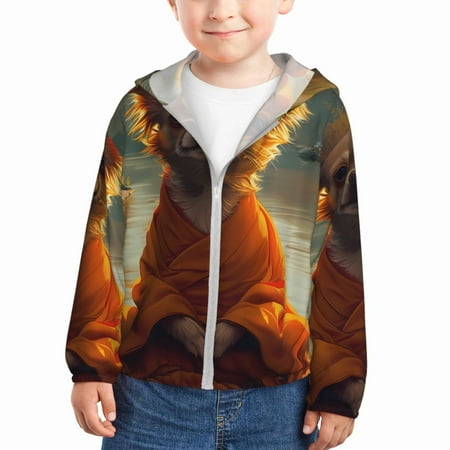 

Qekee Maple Leaf Meditating Chihuahua Print UPF 50+ Kids Sun-Protective Hooded Long Sleeve Rash Guard for Fishing Water Beach Sports -18 Months