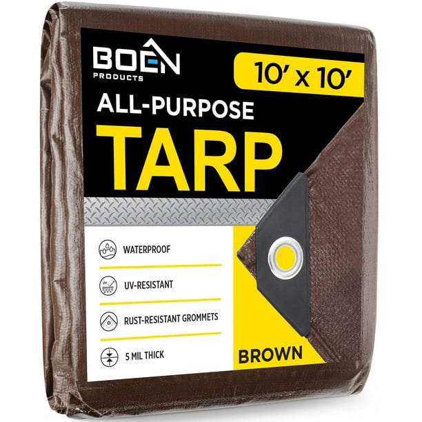 Cubierta impermeable multiusos para lona grande | Marrón 10' x 10' 5 Mil de espesor | Lonas a prueba de desgarros | Material de tejido grueso resistente a los rayos UV, ideal para toldo de lona, tie