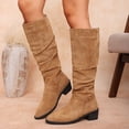 thumbnail image 3 of EKVAHL Women's Slouch Knee High Boots, Faux Suede Ruched Design Low Block Heel Tall Boots, Wide Calf Fall Winter Casual Daily Boots Brown, 3 of 6