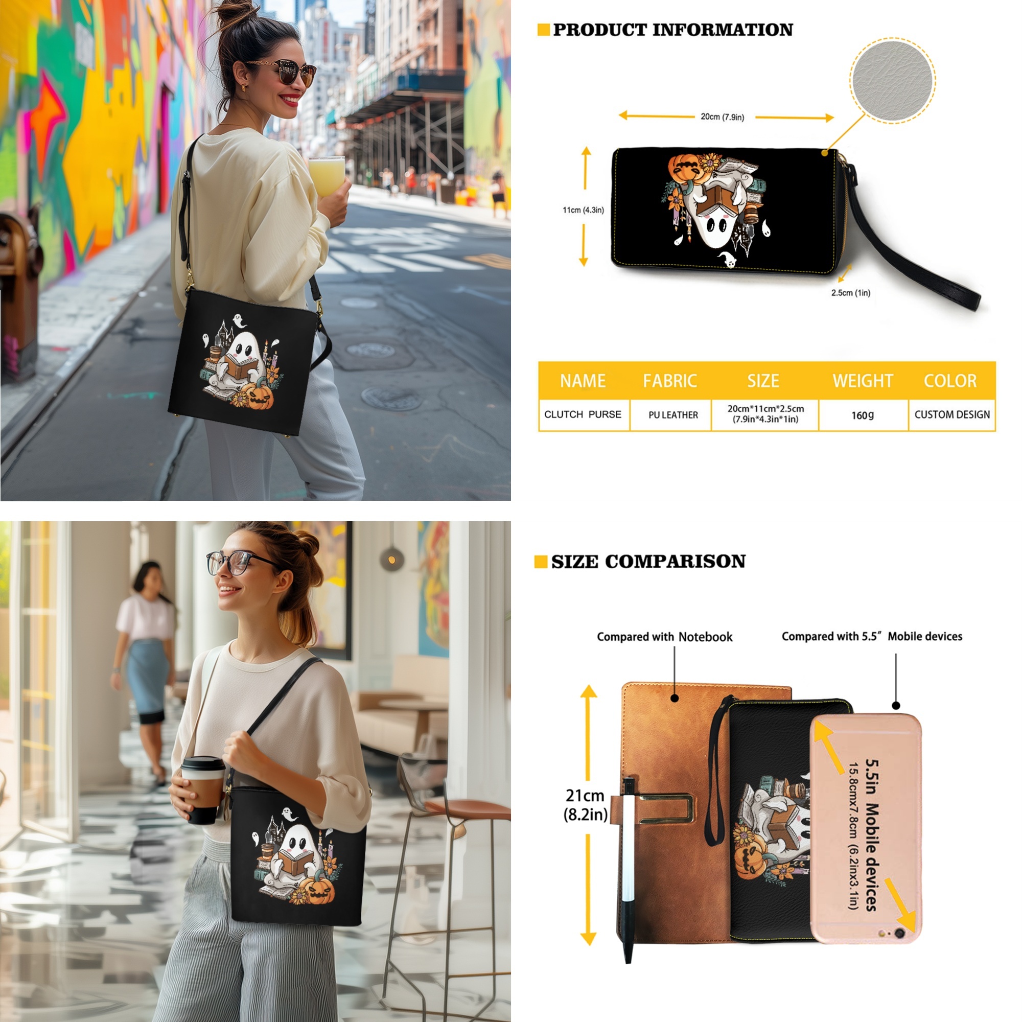 ZUXONGSY Ghost Pumpkin Print Bucket Crossbody Bag Set for Women Lady Lightweight Crossbody Hobo Bag with Wallet Set Large 2 Pcs Bucket Purse Set for Shopping
