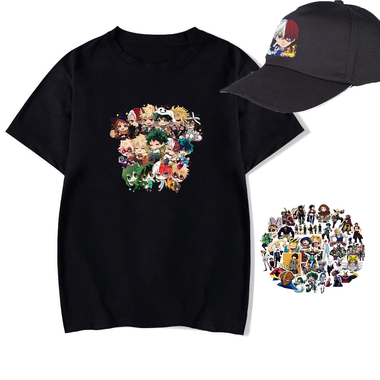SOSPIRO Unisex My Hero Academia T Shirts Midoriya Bakugo Cosplay with Baseball Cap Sun Hat & 50pcs Anime Academia Stickers Gifts Set(Black-L) - image 1 of 7