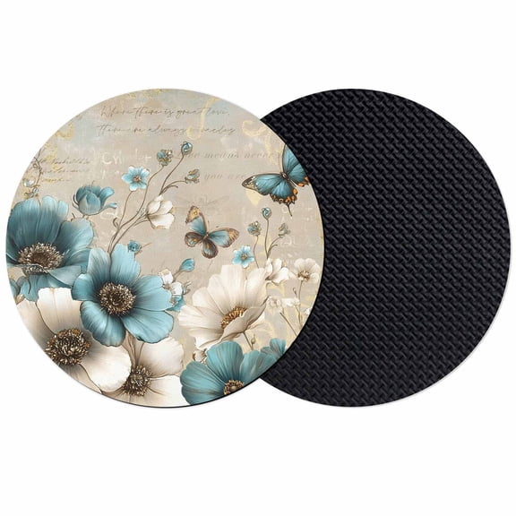 Teal Tulip Butterfly Coasters Set of 2, Absorbent Coasters for Drinks, Beige Turquoise Floral Vintage Rustic Coaster for Desk Coffee Table Protection, Home Decor House Warming Gifts 4"