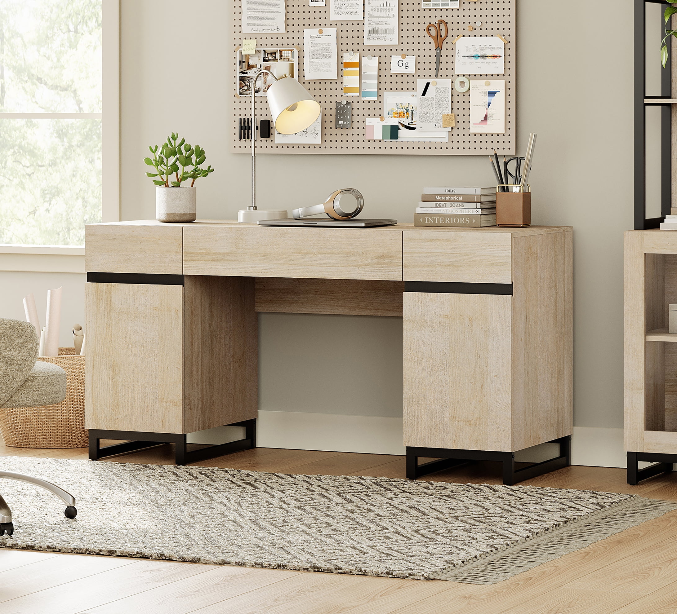 WAMPAT Office Furniture Set: 59in Modern Executive Desk with Charging Station and Drawers and Two 72in Tall Bookcases With 3 Tiers And 4 Cabinets,Office Furniture for Living Room, Bedroom, Beige
