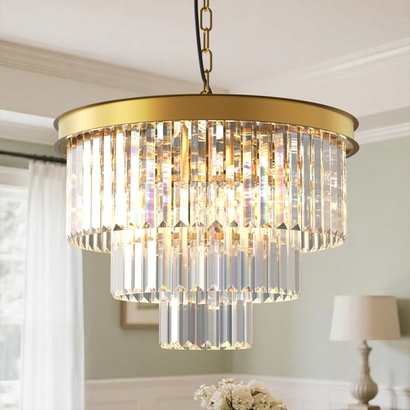YANSUN 20 in 6-Light Gold Crystal Chandelier, 3-Tier Modern Pendant Ceiling Light Fixture for Dining Room, Living Room, Bedroom