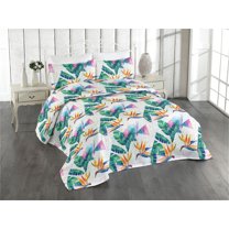 Ambesonne Tropical Quilted Bedspread Set 3 Pcs, Triangle Paradise Flower, King, Sea Green and Dark Teal