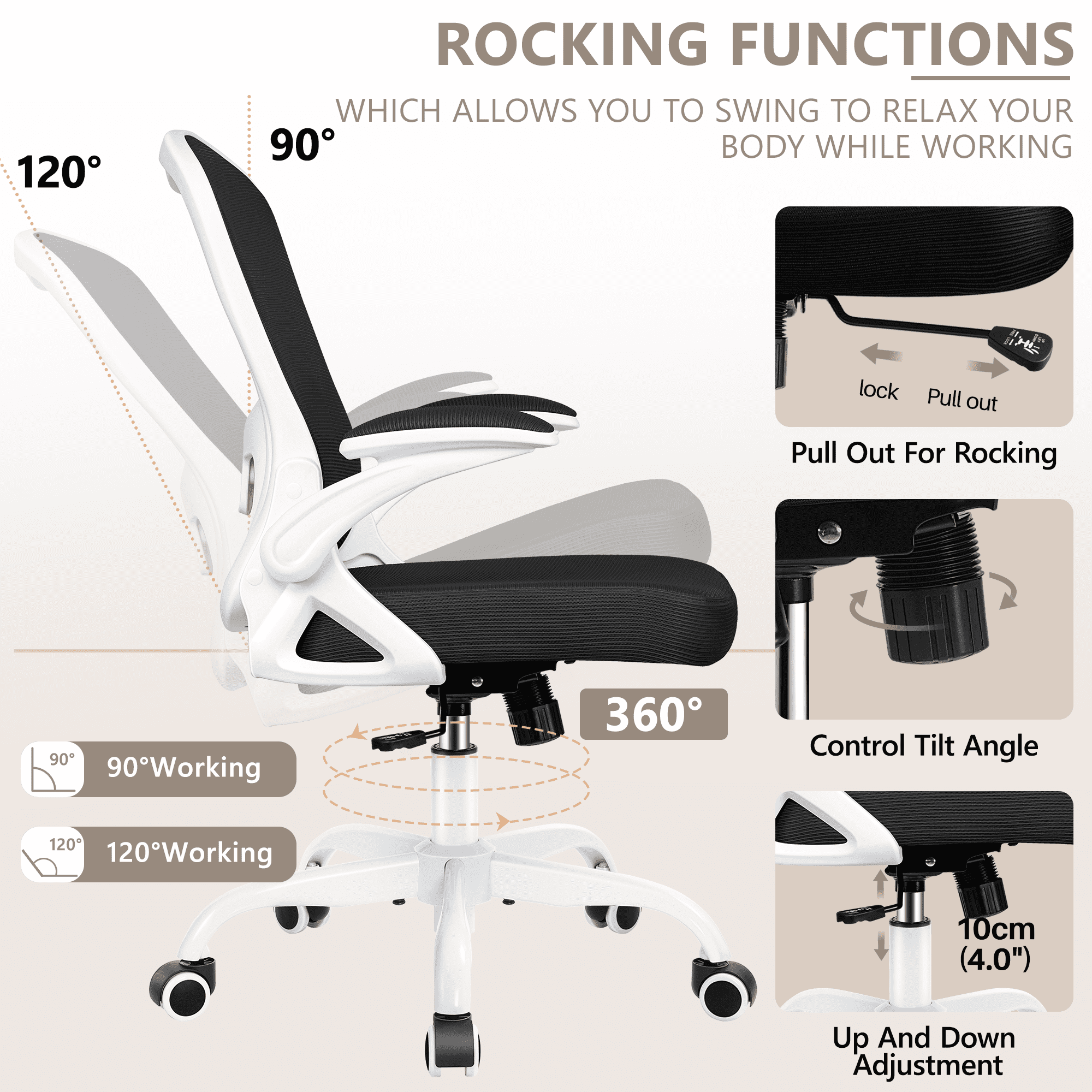 ATHOPE Office Chair, Ergonomic Desk Chair with Flip Up Armrests, Height Adjustable Computer Chair with Lumbar Support, White