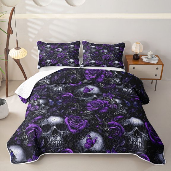 Homewish Halloween Horror Skull Twin Quilt Set,Goth Romantic Rose Twin Coverlet Set,Purple,2 Pieces