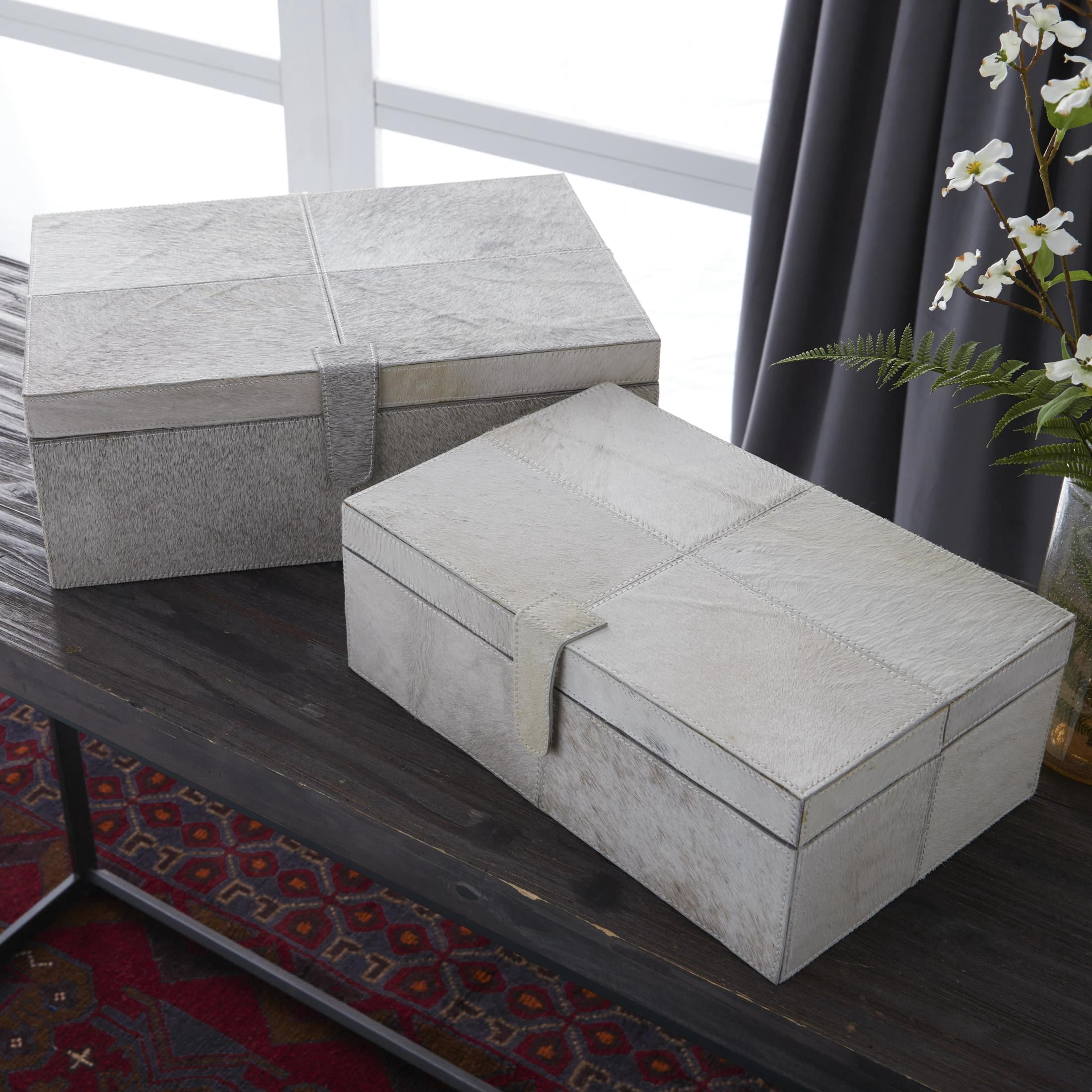 DecMode Handmade Gray Leather Decorative Box with Snap Front Closure and Detailed Stitching, 2 Count