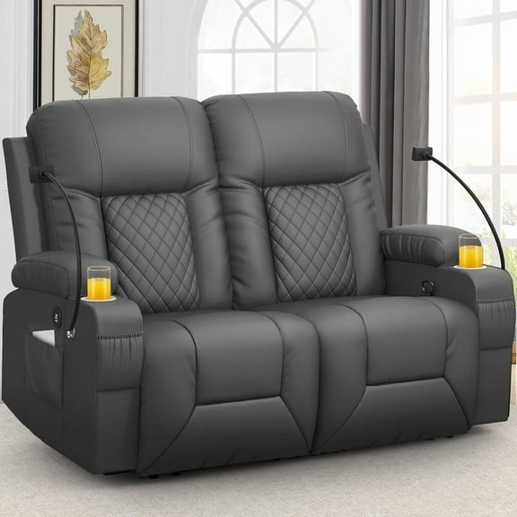 LOBERFVE Modern Two-Seater Recliner Loveseat with PU Leather, Featuring Convenient Cup Holders, Dual Phone Holders, And USB Charging Ports For the Living Room, Gray