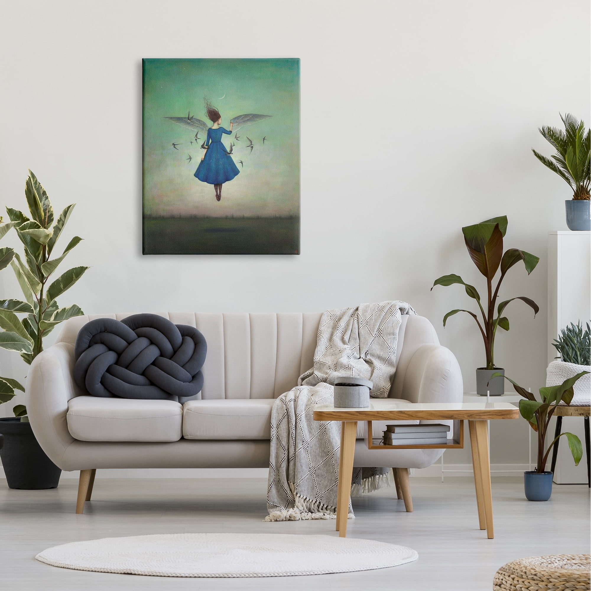 The Stupell Home Decor Beauty and Birds at Night Blue and Teal Illustration Canvas Wall Art