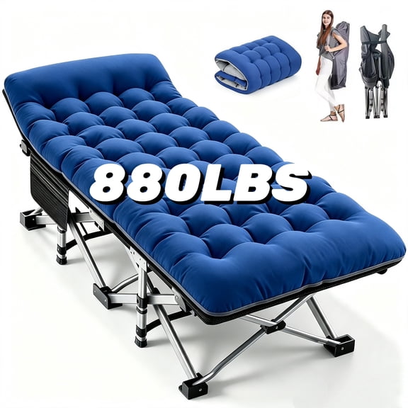 SLSY Folding Camping Cot for Adults with 2 Sided Mattress - 75" x 28" Cot, 1200D Oxford Portable Cot Bed with Carry Bag for Camp Travel Guest, Blue&Gray
