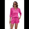 thumbnail image 1 of Conjunto de Camiseta Holgada de Corta con Cuello en V y Pantalones Cortos con Bolsillo para Mujer, Color Liso, Rosa Roja, Talla XL, 1 of 6