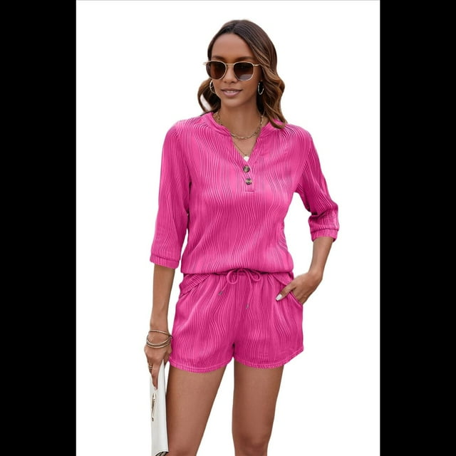 Conjunto de Camiseta Holgada de Corta con Cuello en V y Pantalones Cortos con Bolsillo para Mujer, Color Liso, Rosa Roja, Talla XL