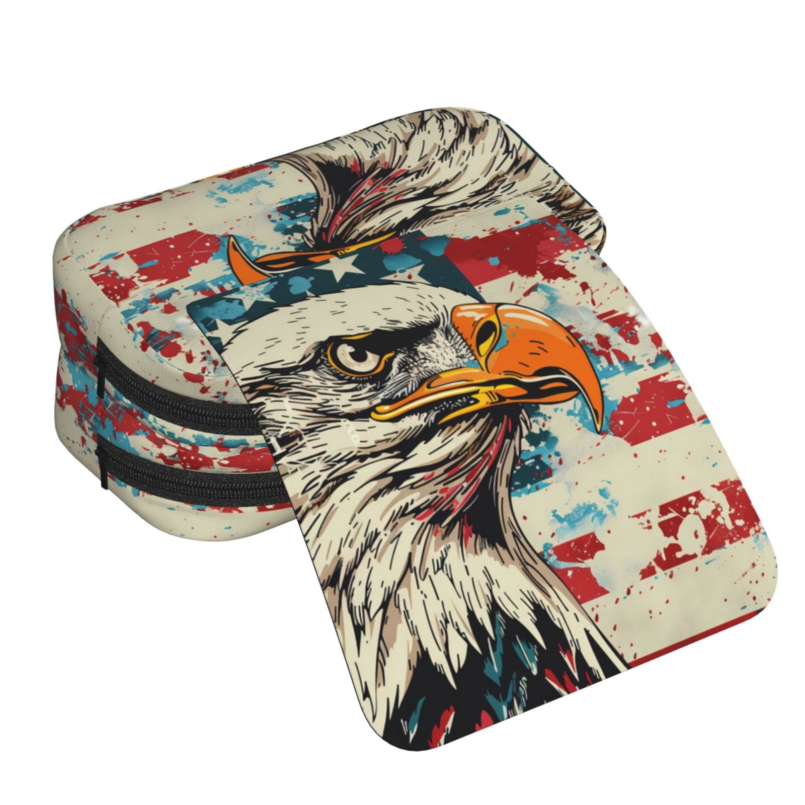 Rateoe Retro American Eagle Pattern Double Clamshell Pen Case, Storage Organizer with Two Zipper Compartments– Holds Up to 50 Pencils & Pens