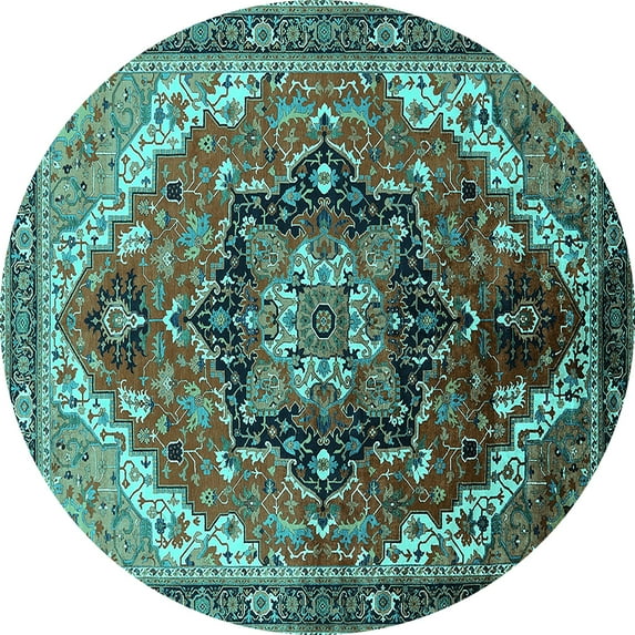 Ahgly Company Indoor Round Oriental Turquoise Blue Industrial Area Rugs, 3' Round