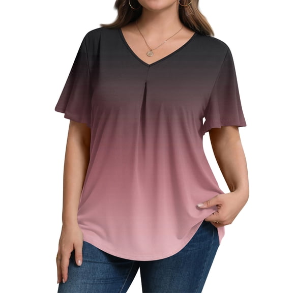 Trgacdwlo L-5XL Plus Size Womens Top Gradient V Neck Short Sleeve Women's Tunics Hide Belly Summer Vacation Womens Blouse Red XL
