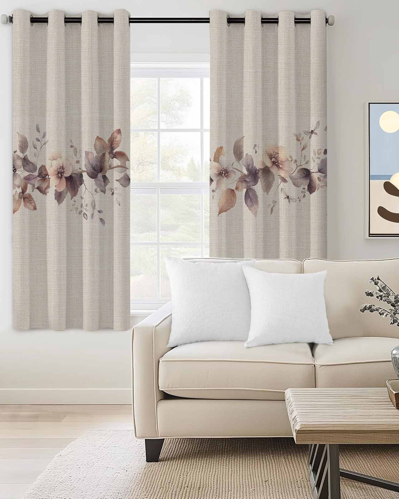 Spring Flower Blackout Curtains for Bedroom Living Room, Retro Brown Flower Watercolor Plant Linen Texture 72 In Long Thermal Insulated Room Darkening Drapes Grommet Window Treatments, 52 x 72 In