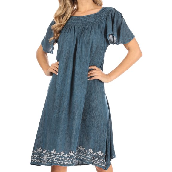 Sakkas Desma Women Casual Loose Summer off Shoulder Midi Boho Dress Cover-up - Denim Blue - One Size