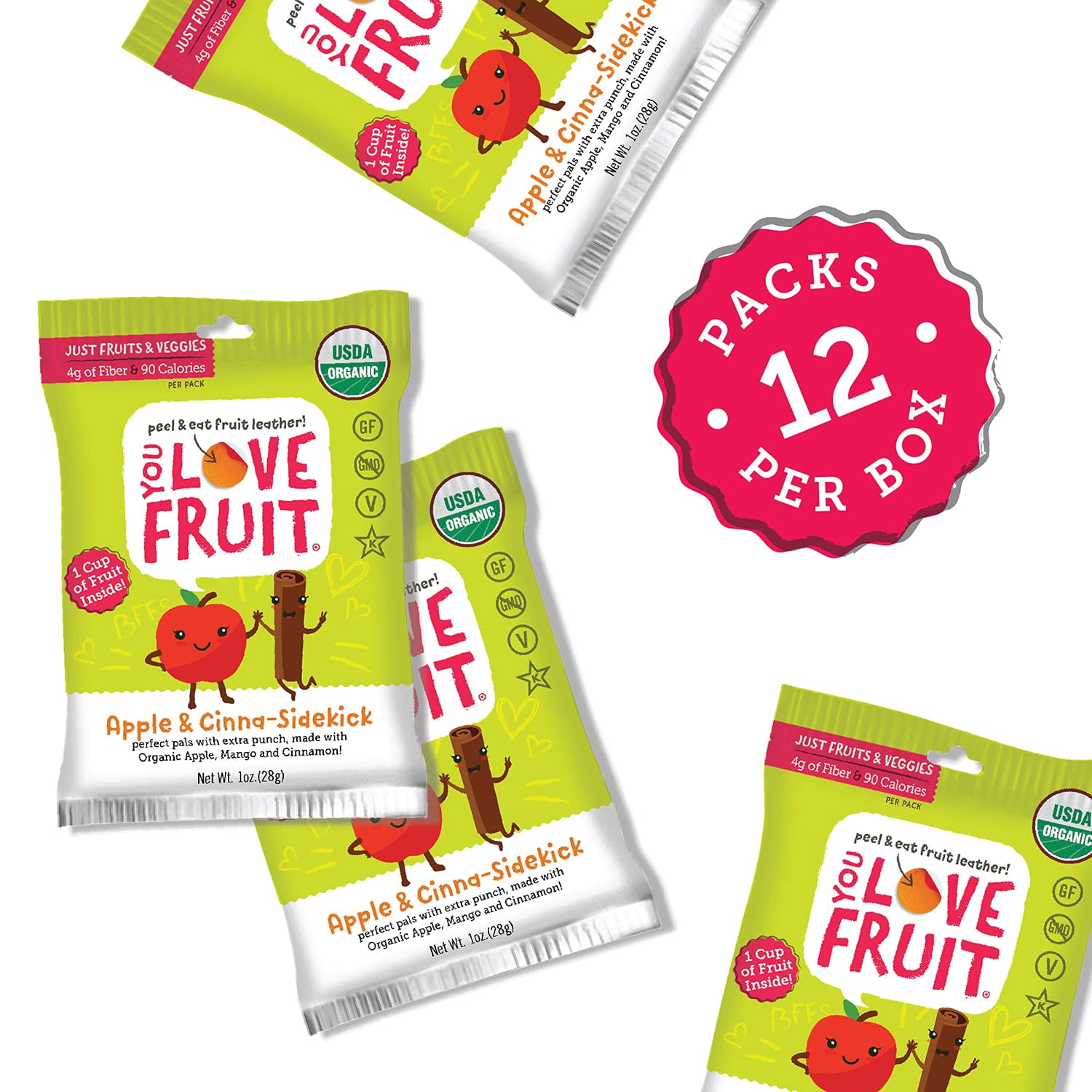 APPLE & CINNA-SIDEKICK All Natural Healthy Fruit Snack Pack, Real Fruit Gluten Free, Non GMO, Vegan, Fiber packed, Low Fat, Kosher, Variety Pack, Great For Adding To Gift Box, 1.0 oz (Pack of 12)