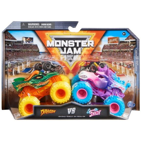 Monster Jam Dragon Vs. Sparkle Smash - 1:64 Scale Monster Trucks, Girl and Boy Toys