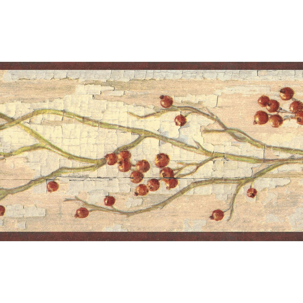 Prepasted Wallpaper Border - Floral Light Beige, Red Distressed Berries