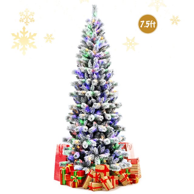 Patiojoy 7.5FT Pre-lit Snow Flocked Christmas Pine Tree with 300 remote-controlled multi-color LED lights. The tree features 693 snow-flocked branch tips for a realistic and wintry appearance. Made of durable, odorless PVC material, it includes a foldable metal stand for stability. The tree offers 9 lighting modes adjustable via remote control, making it ideal for indoor holiday decorations in homes, offices, or schools. Wrapped gifts are displayed at the base, enhancing the festive setting.