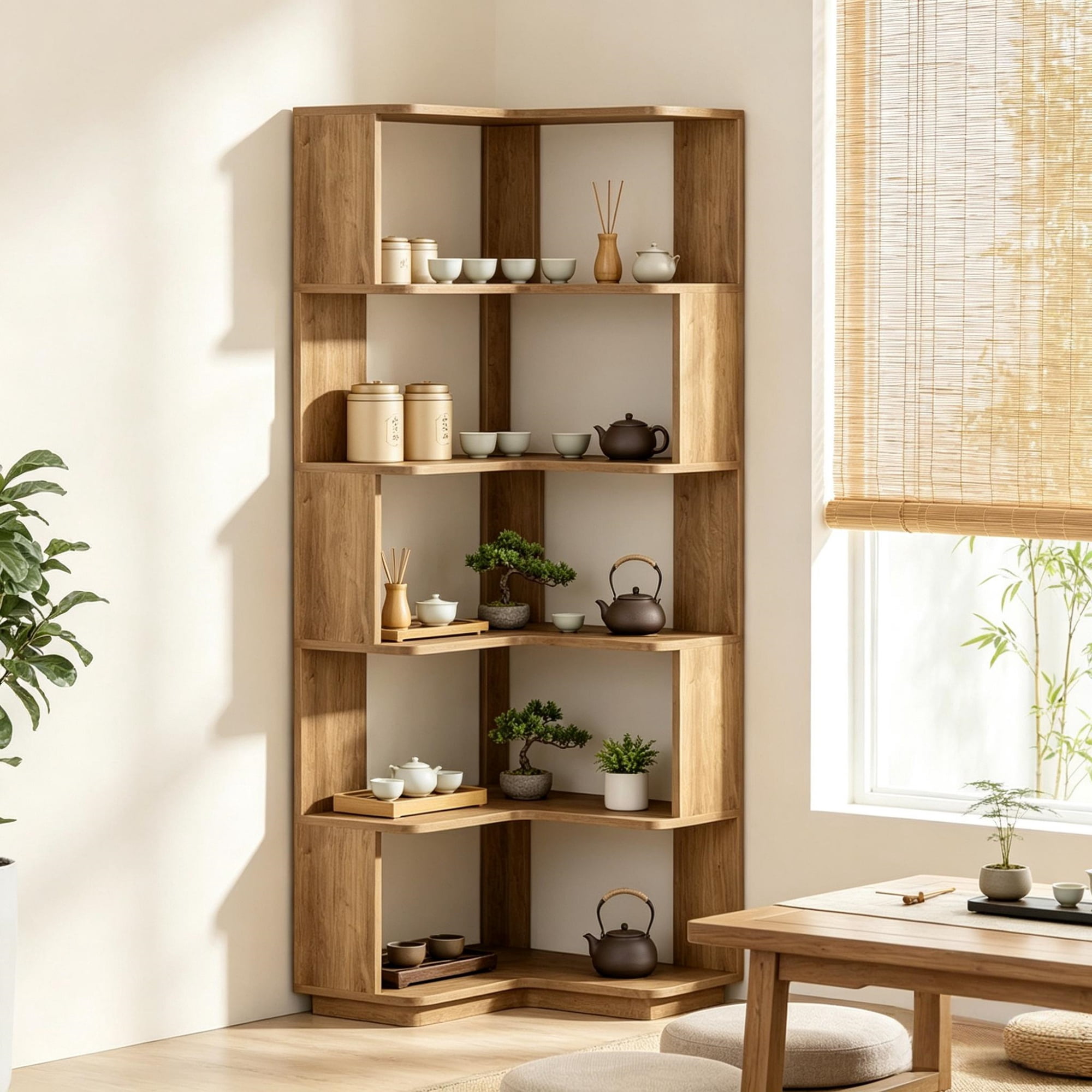 65 Inch L Shaped Corner Bookshelf with 6 Tier Display Shelves and Anti Drop Panel