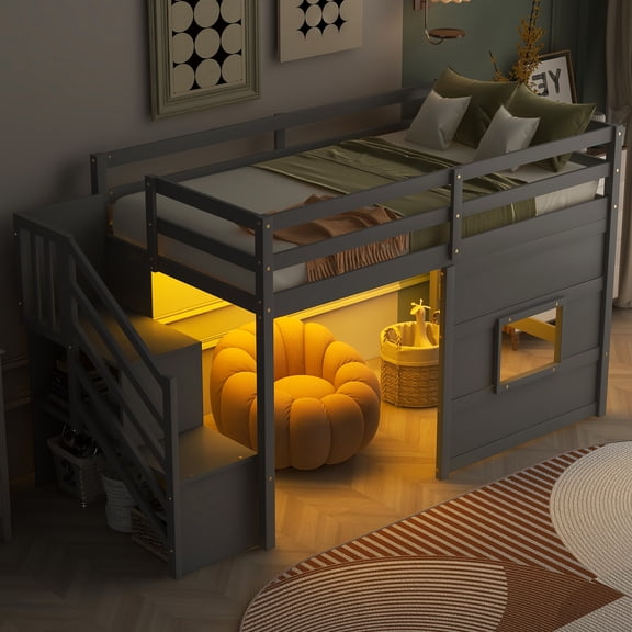 Twin Size Loft Bed with Storage Staircase and Window, With LED Light, Gray