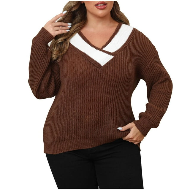 Timegard Sweaters for Women V Neck Long Sleeve Color Block Pullover Fall Fashion Loose Comfy Knit Tops