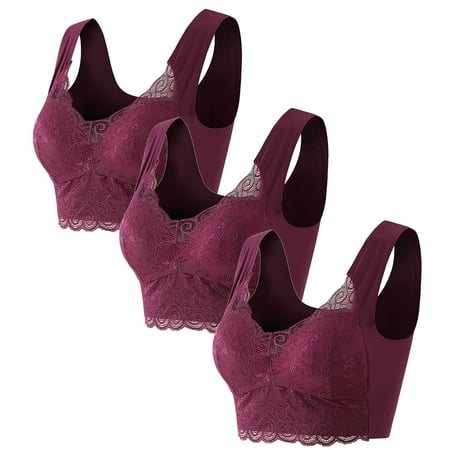LYEAA Lace Bras for Women Plus Size 3 Pack of Push Up No Wire Pullover Bra Full Figure Lifting Wide Strap Everyday Bra Under Outfit Bra Solid Breathable T-Shirt Bra Sleep Bra Shapewear Bra Purple 3XL