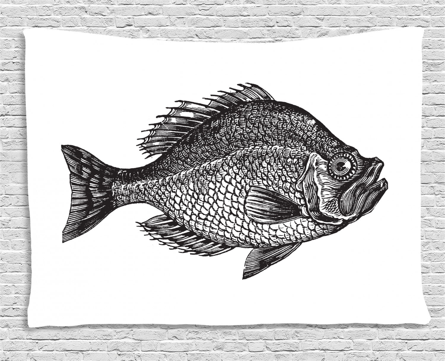 Fish Tapestry, Vintage Design Rock Bass Fish Figure Hand Drawn in Black and  White Aquatic Image, Wall Hanging for Bedroom Living Room Dorm Decor, 80W